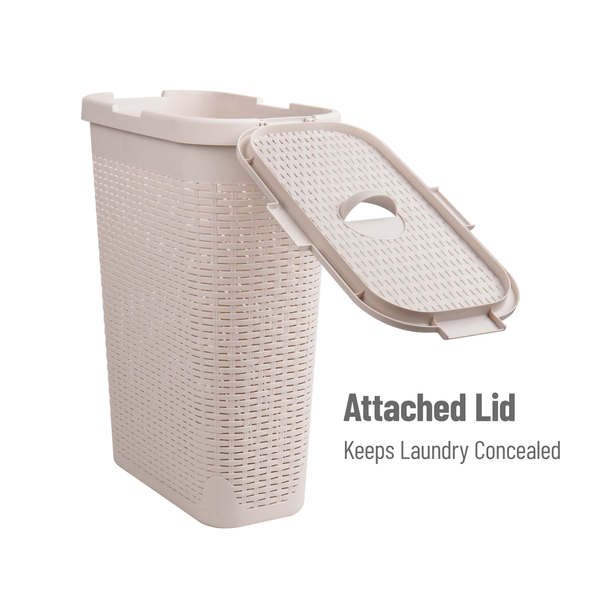 Mind Reader 40L Slim Laundry Hamper, Clothes Basket, Lid, Wicker Design, Plastic, 18"L x 10.4"W x 23.5"H, Set of 2, Ivory