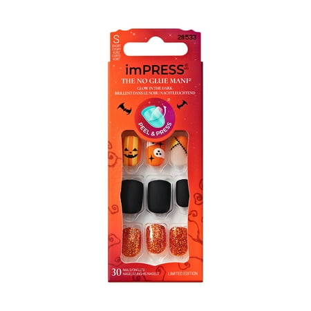 KISS imPRESS Halloween Press On Nails, ‘In Your Sleep’, Orange, Short Squoval, 30 Count