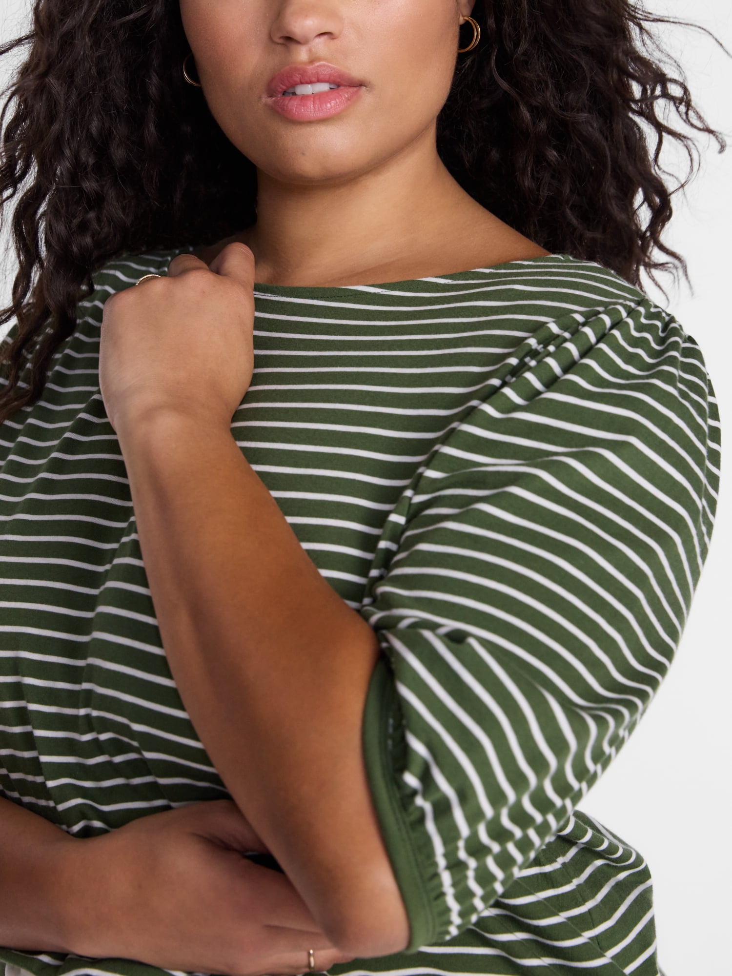 Terra & Sky Women’s Plus Dropped Shoulder Top with Elbow Length Puff Sleeves, Sizes 0X-5X