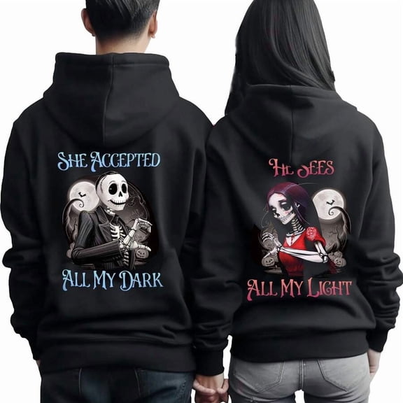 Nightmare Before Merch Christmas Jacks & Sallys Matching Couple Hoodies Set, "She Accepted All My Dark / He Sees All My Light" Black Pullover Hoodie For Couples, Matching Sweatshirts For Him Her