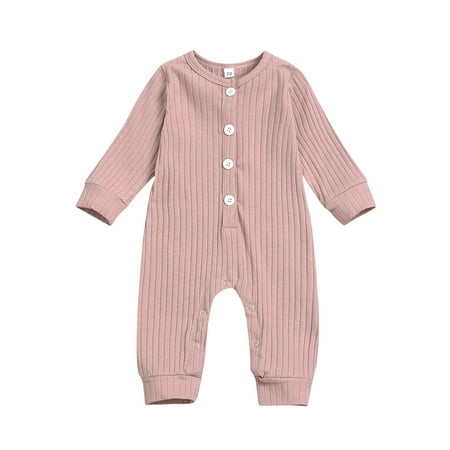 

Binpure Newborn Baby Long Sleeve Romper Solid Color Ribbed Knit Button Jumpsuit Infant Spring Autumn One-piece Clothes