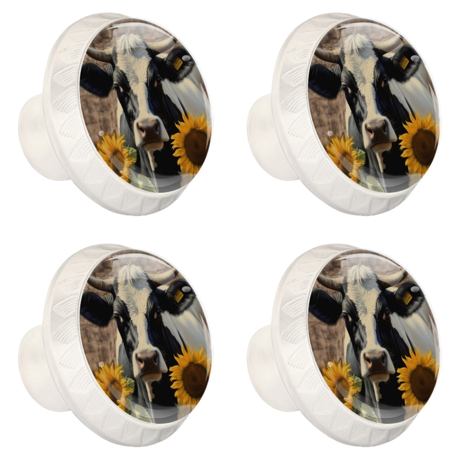 4 Pcs Cow and Sunflower Knobs for Kitchen Cabinet Cupboard Dresser Bookcase Drawer Pulls Handles Round Home Decor