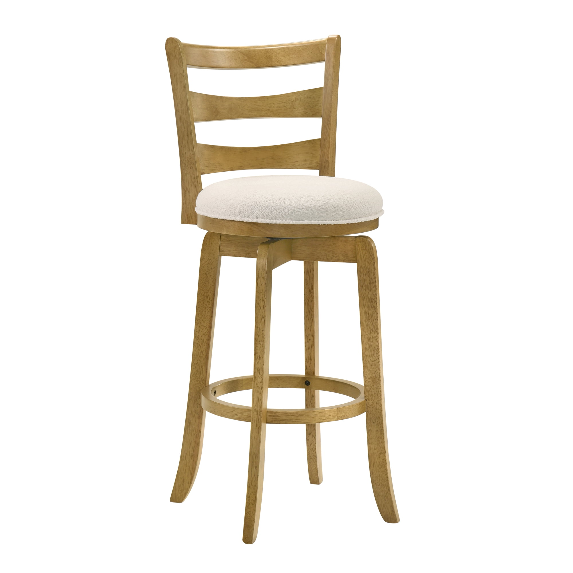 Melindra Modern Farmhouse Swivel Wood Bar Height Kitchen Bar Stool in Amber Glow Finish with White Boucle Fabric Upholstered Seat
