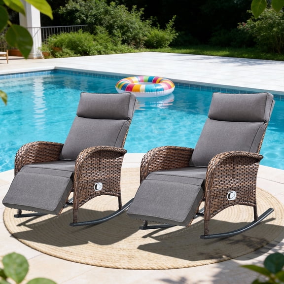 Giantfurnni Wicker Outdoor Lounge Chair Patio Zero Gravity Rocking Recliner Chair Set of 2 with Adjustable Backrest & Footrest for Pool Deck