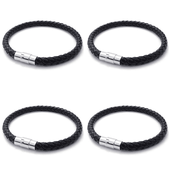 4X Stainless Steel Leather Bracelet, Braided Leather Bracelet, for Men Women, Black - Width 6mm - Length 19cm