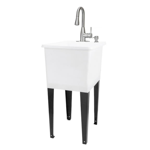 TEHILA Space Saver 16 Gallon White Utility Sink with Stainless Finish Pull-Down Faucet with Pause Mode