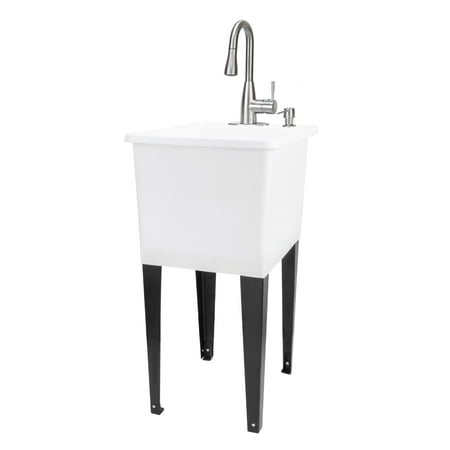 TEHILA Space Saver 16 Gallon White Utility Sink with Stainless Finish Pull-Down Faucet with Pause Mode