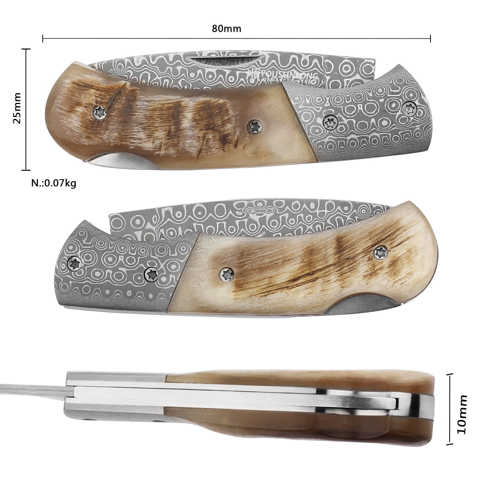 YOUSUNLONG Folding Knife - Camping Knife Overall 140mm Japanese Damascus Steel Antelope Horn Handle