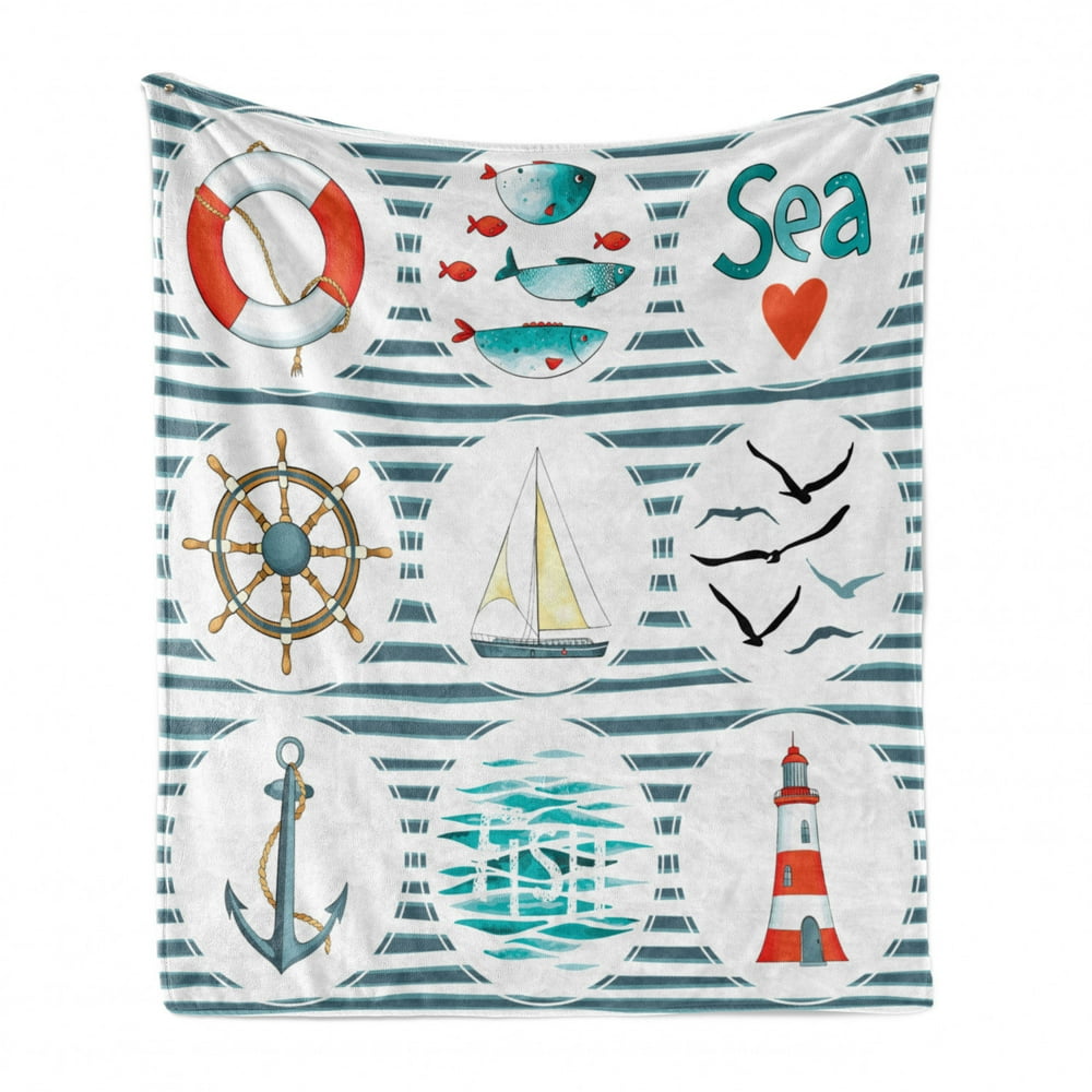 Nautical Soft Flannel Fleece Throw Blanket, Sea Set Fishes Life Gulls
