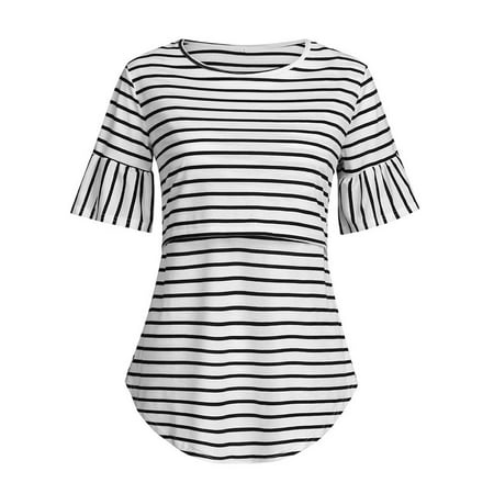 

JURANMO Women s Striped Print Maternity Nursing Tops Ruffle Sleeve Crewneck Breastfeeding Shirts Comfy Graphic Tunic Scrub Tops
