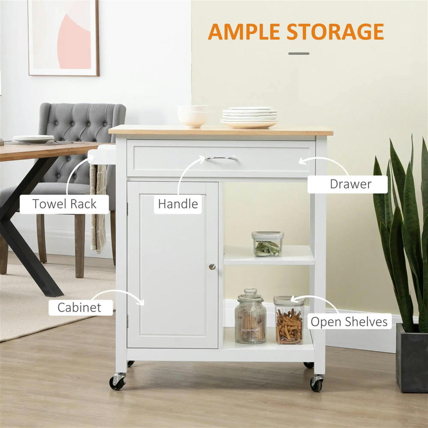 Demi Bonn 34" Kitchen Island Cart on Wheels with Storage Shelf, Rolling Dining Room Serving Utility Carts Mobile Movable with Wood Top and Drawer, White