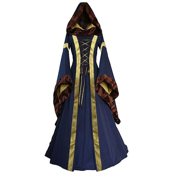 Womens Renaissance Costumes Hooded Dress Elastic High Waist Flowy Long Sleeve Embroidered Big Hem Dresses Halloween, 2XL