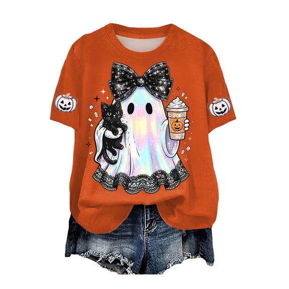 CFXNMZGR Halloweentown Shirt Women Fall Halloween Crew Neck Shirt Casual Tee Season Family Party Celebration Short Sleeve Tee Pumpkin Top Holiday Stretchable Soft (Orange,XXL)
