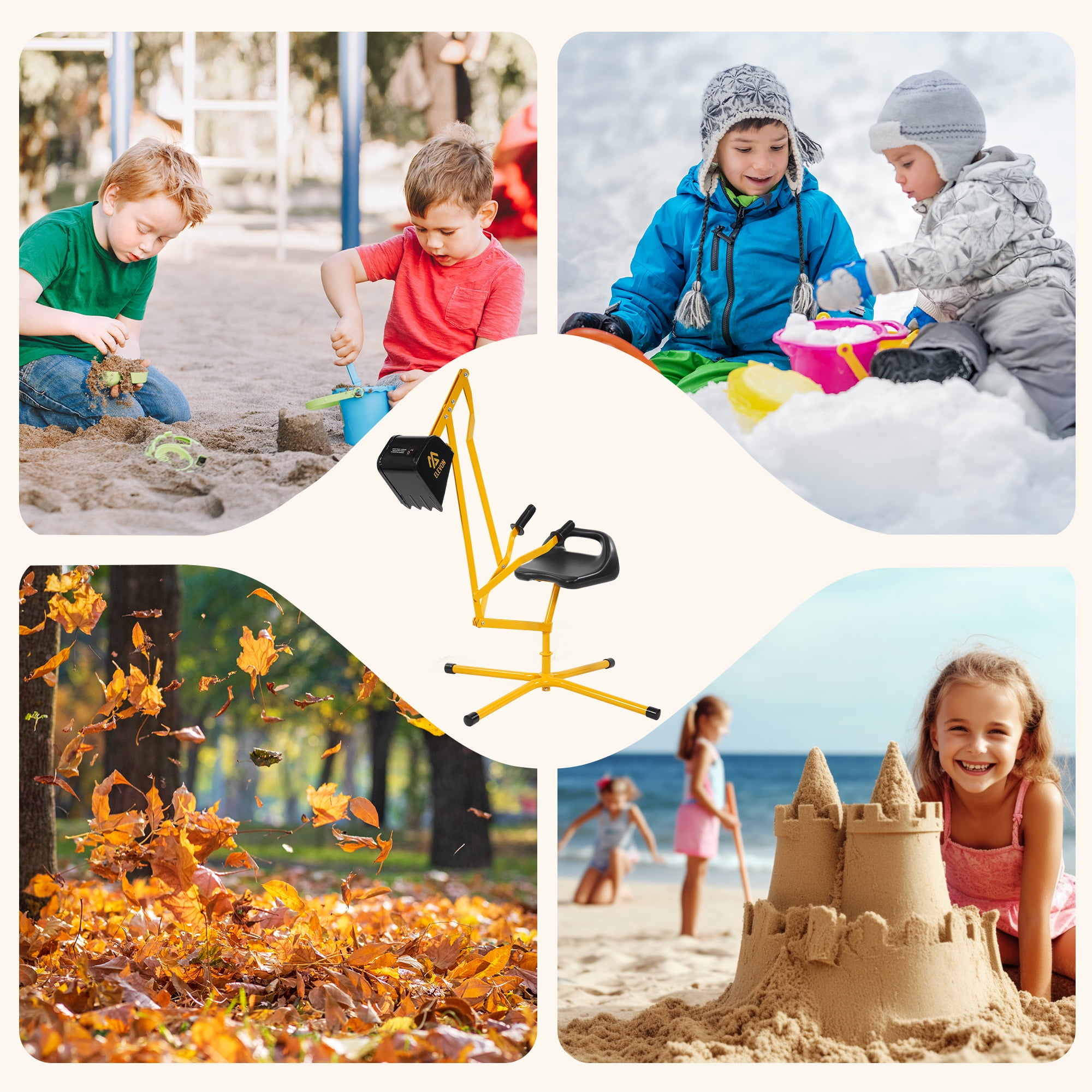 FlexWave Kids Ride-On Sandbox Digger Toy，Stationary Excavator，with 360° Rotation & Metal Base, for Outdoor Sand, Dirt & Snow Play，Yellow