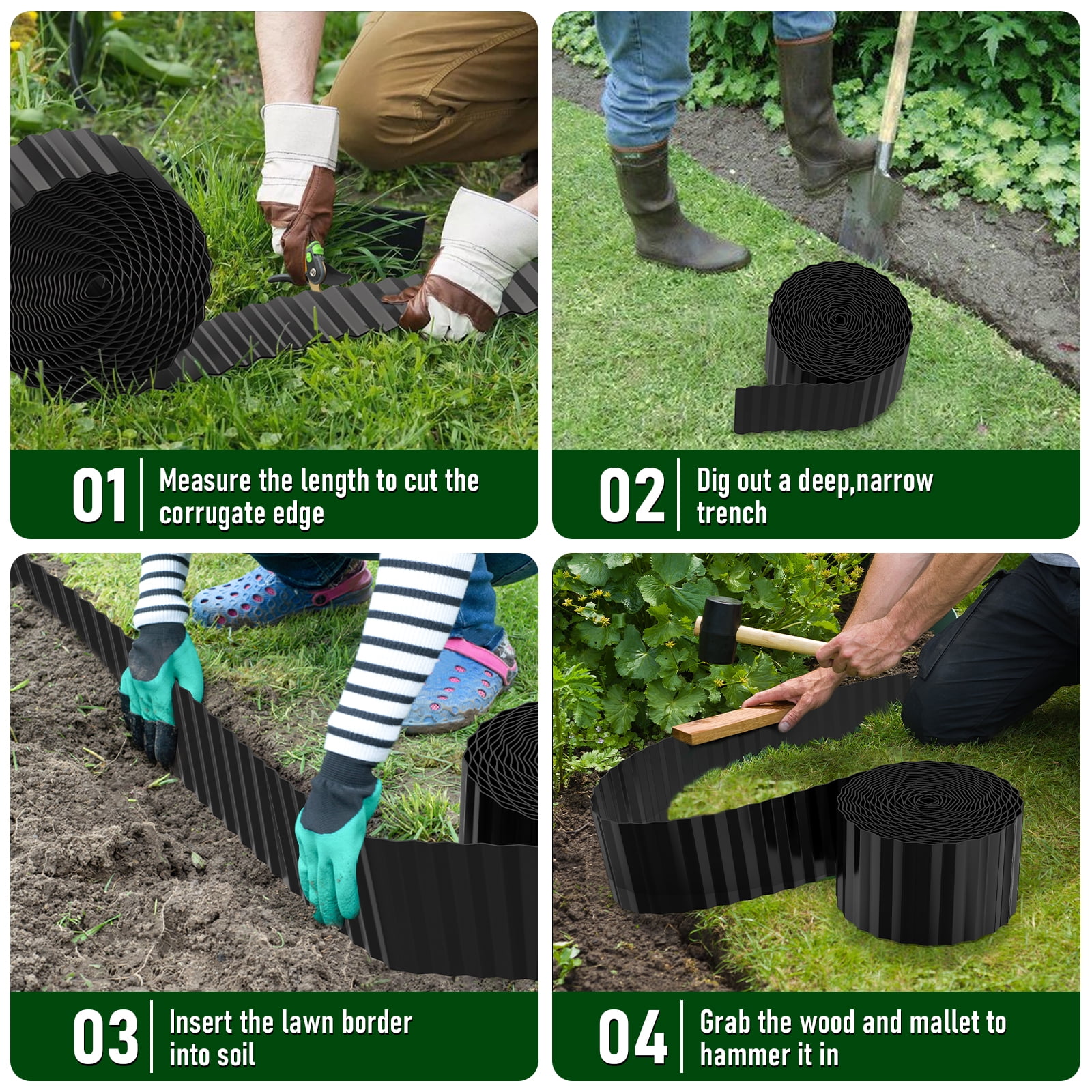 8 Inch 50 FT Garden Landscape Edging Border Galvanized Sturdy Metal Hemmed DIY Edging for Landscaping Lawn Flower Beds Patio Pathway Divider Design, Black