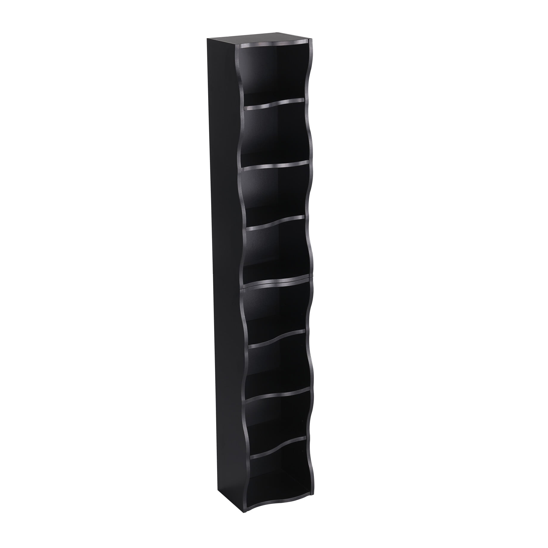70" Tall Narrow Bookshelf, 8-Tier Cube Display Rack, Modern Wavy Border Design Corner Bookshelf with Adjustable Shelf, CD Storage Cabinet for Home Office, Black