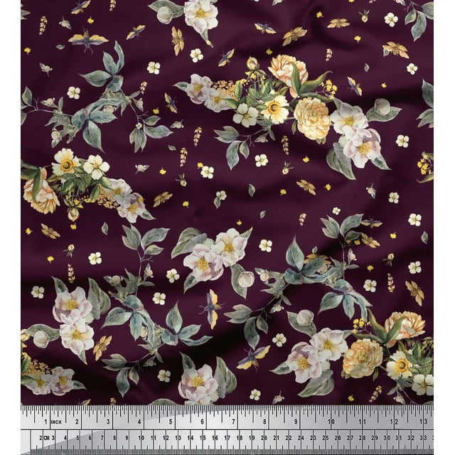 Soimoi Poly Georgette Fabric Leaves,Moth & Magnolia Floral Decor Fabric Printed Yard 52 Inch Wide