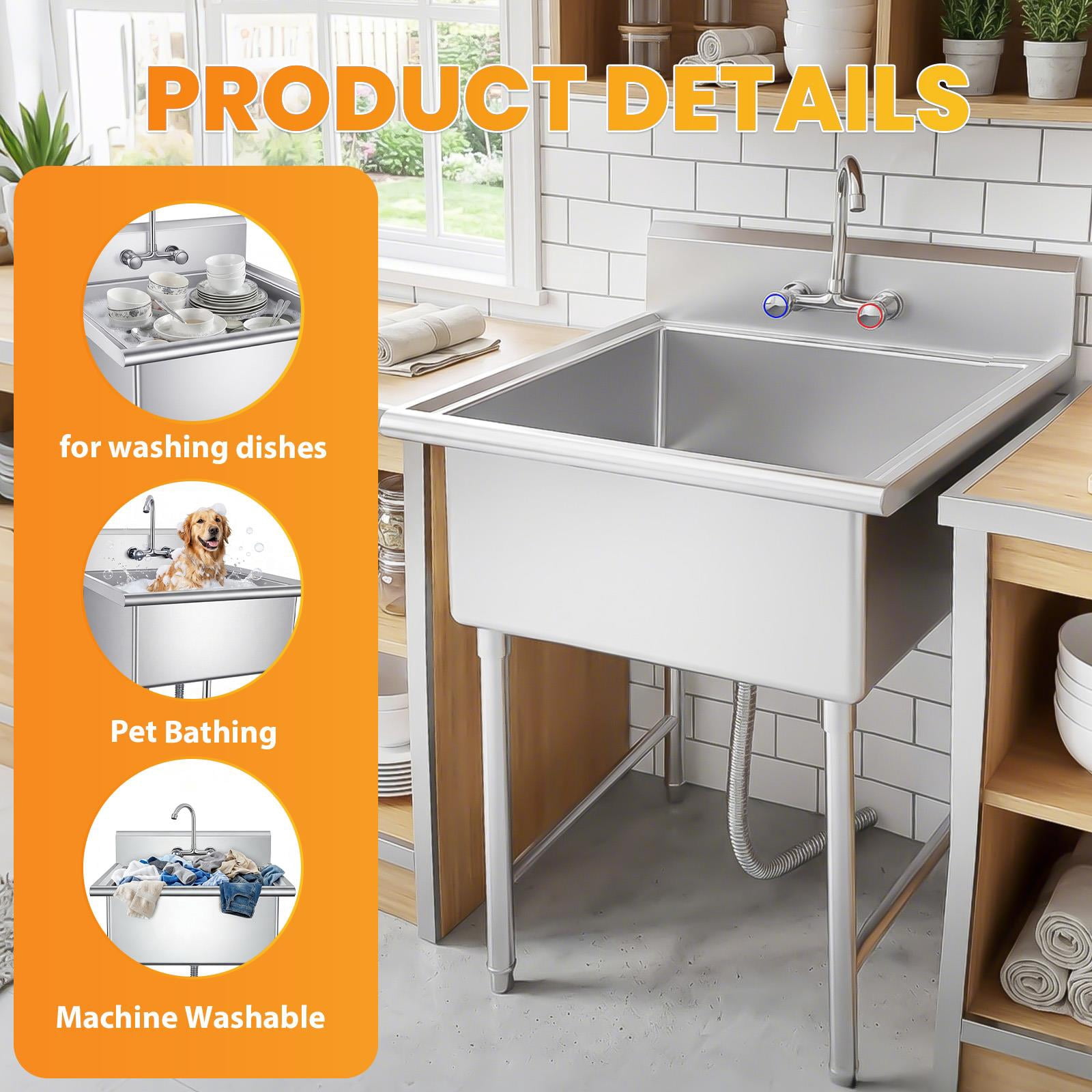 Stainless Steel Free Standing Sink, Heavy Duty Stainless Steel Laundry Tub Sink with Cold and Hot Water Pipe and Faucet, Indoor and Outdoor Sink for Apartment Laundry