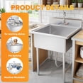thumbnail image 3 of Stainless Steel Commercial Sink with Cold and Hot Water Pipe and Faucet, Heavy Duty Free-Standing Commercial Sink, Single Bowl Sink Basin for Catering Kitchen, 3 of 9