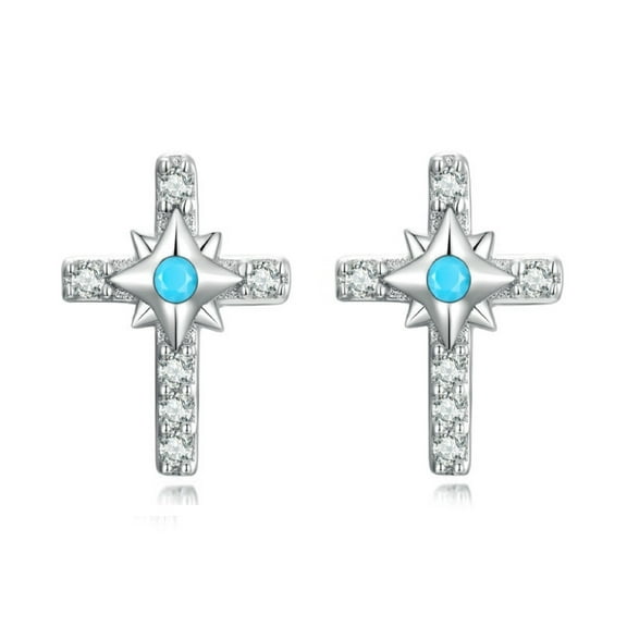 Bellitia Jewelry 925 Sterling Silver Cross Stud Earrings for Women, Cubic Zirconia Small Tiny Shining Sun Cross Stud Earrings Hypoallergenic