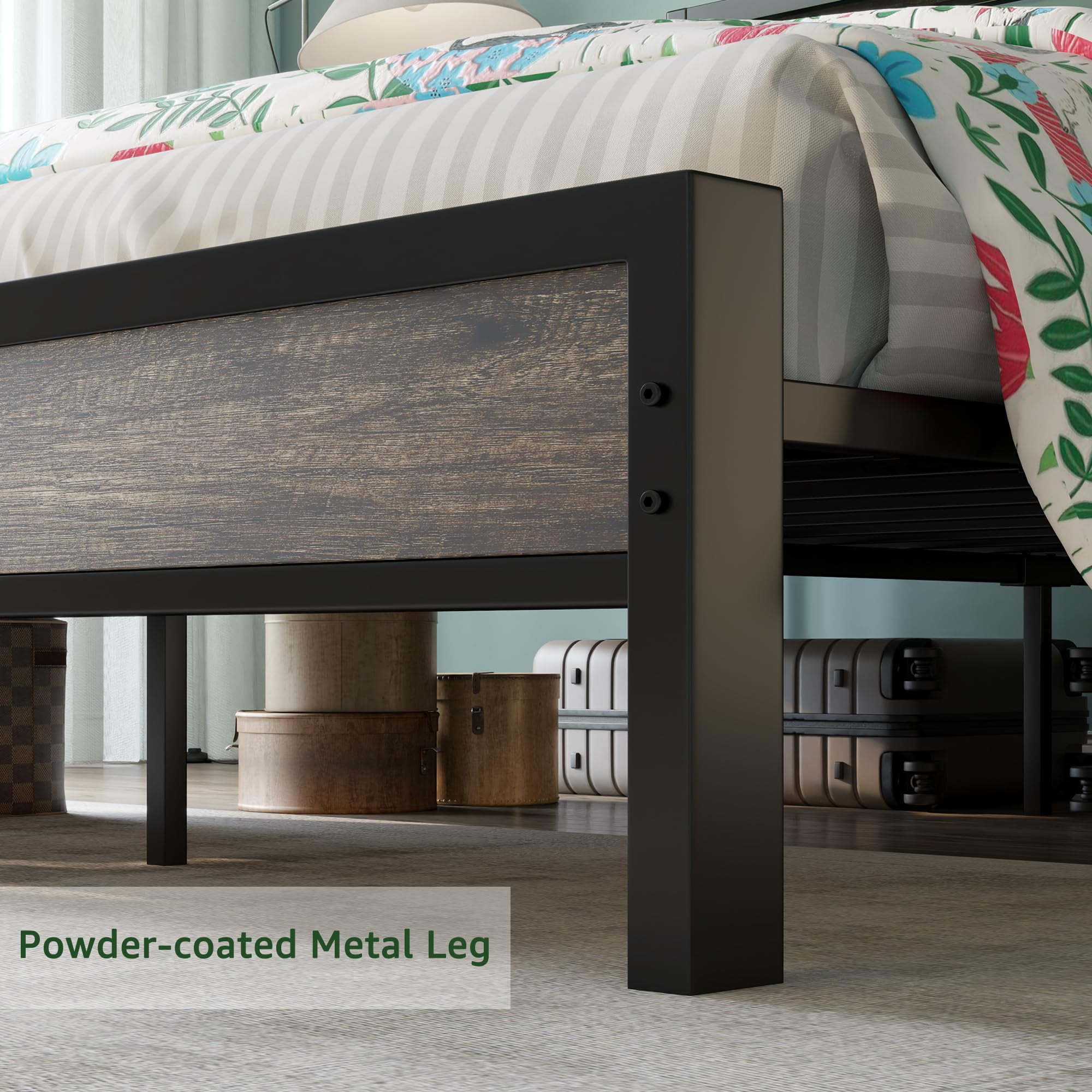 VanAcc Queen Size Bed Frame with 2-Tier Metal Storage Headboard and Charging Station, Rustic Grey