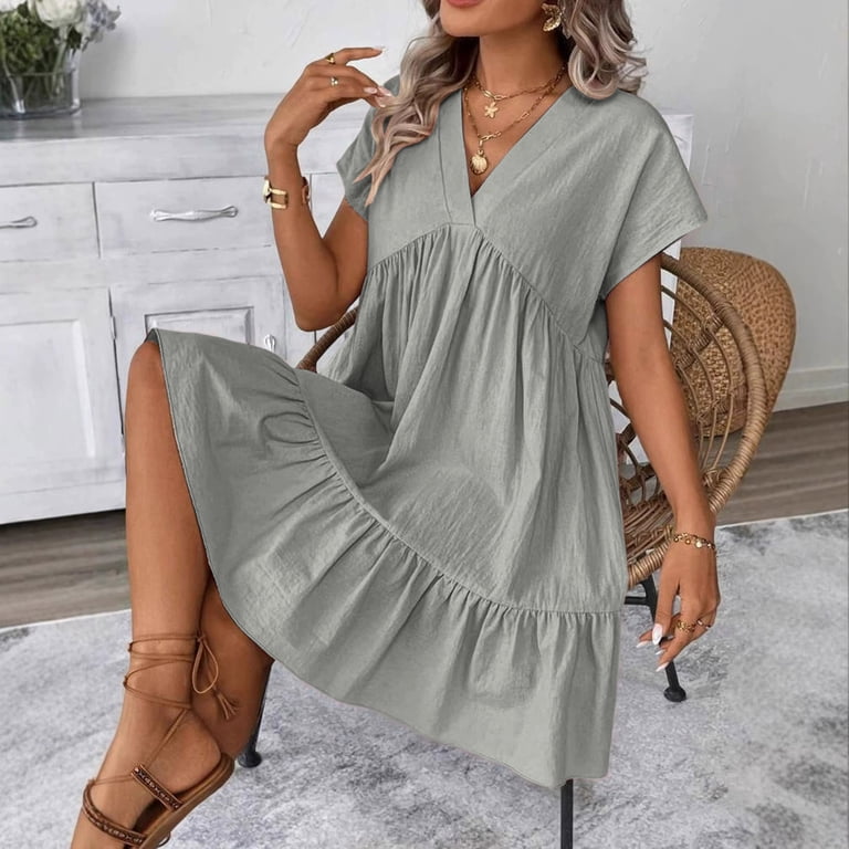 Gamivast Dresses for Women V-Neck Short Sleeve Babydoll Mini Dress Casual Loose Ruffle Hem Swing Dress for Summer Vacation Beach Daily Wear Gray XL - Walmart.com Gamivast Dresses for Women V-Neck Short Sleeve Babydoll Mini Dress Casual Loose Ruffle Hem Swing Dress for Summer Vacation Beach Daily Wear Gray XL - Walmart.com