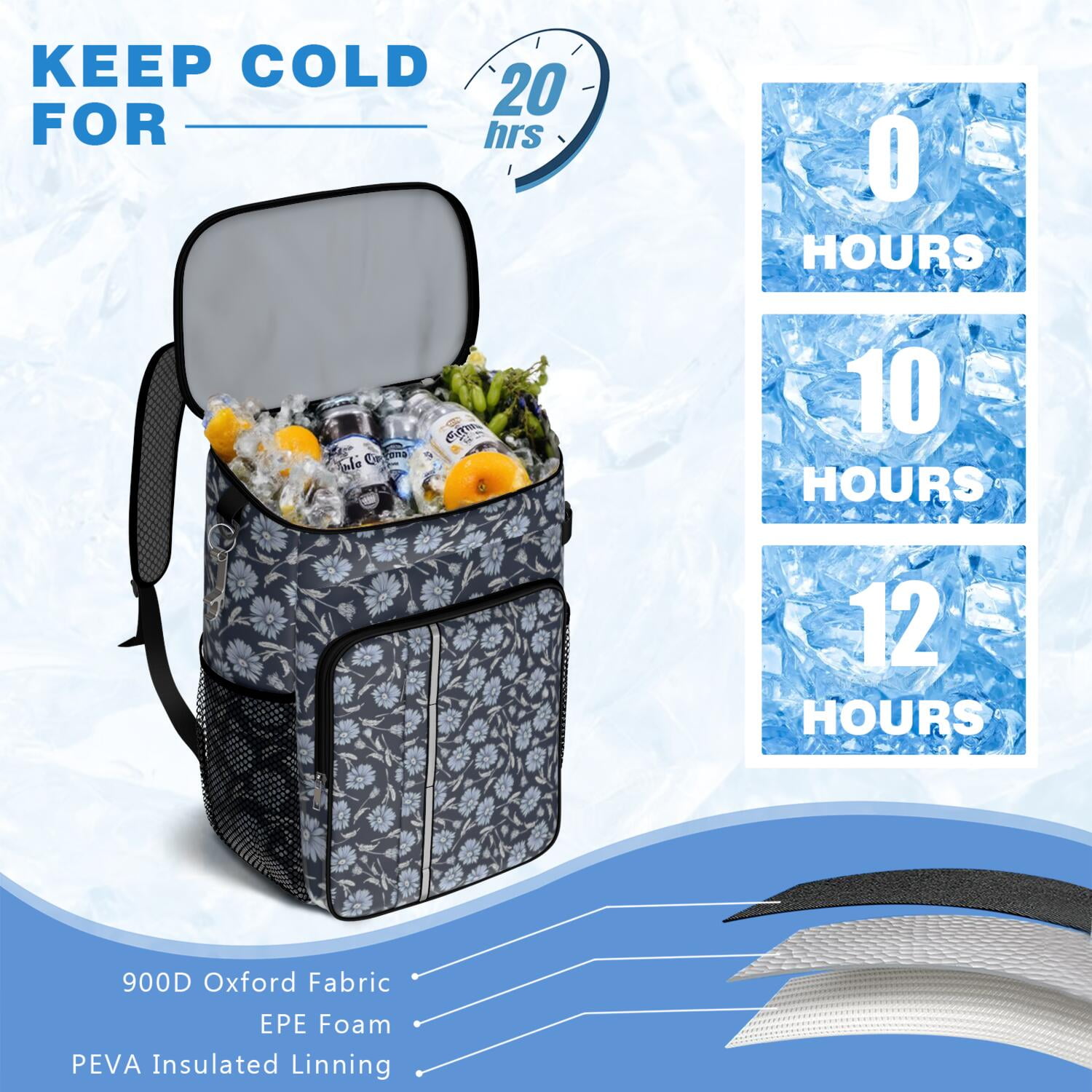 Travel Cooler Bag - Pioneer Flower Floral Print Pattern Camping Beer Cooler Backpack with Bottle Opener- Waterproof Insulated Picnic Backpacks - Cooler Bag for Beach