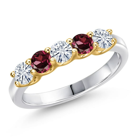 Gem Stone King 925 Silver and 10K Yellow Gold White Moissanite and Red Rhodolite Garnet Wedding-Bands Ring for Women | 0.92 Cttw | Round 3.5MM | Gemstone Birthstone | Size 8