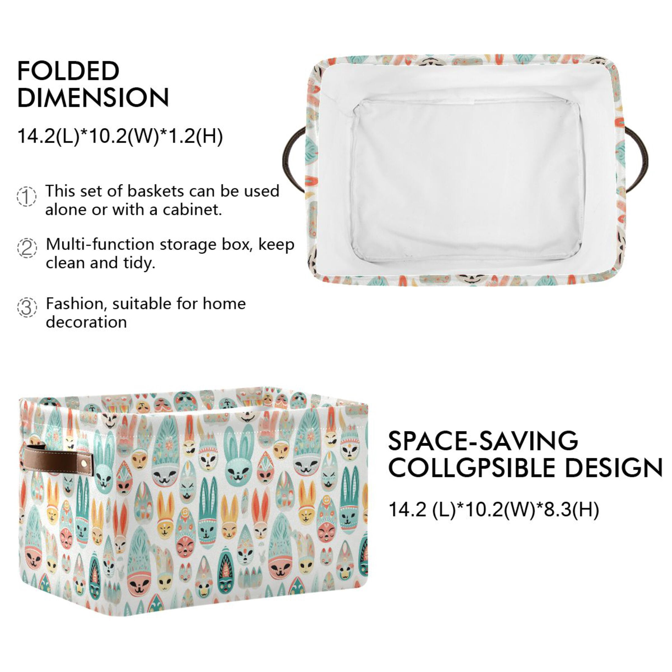 Easter Mask Storage Bins with Handle Fabric Organizer Basket Foldable Box 2 Pack 14.2x10.2x8.3