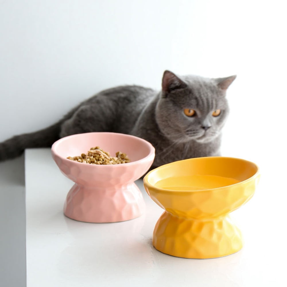 Extra Wide Raised Tilted Cat Food Bowls, Ceramic Elevated Cat Food and Water Bowl, Porcelain Slanted Pet Feeding Dish, Anti Vomiting Cat Bowl, Protect Pet's Spine for Big Cats - yellow