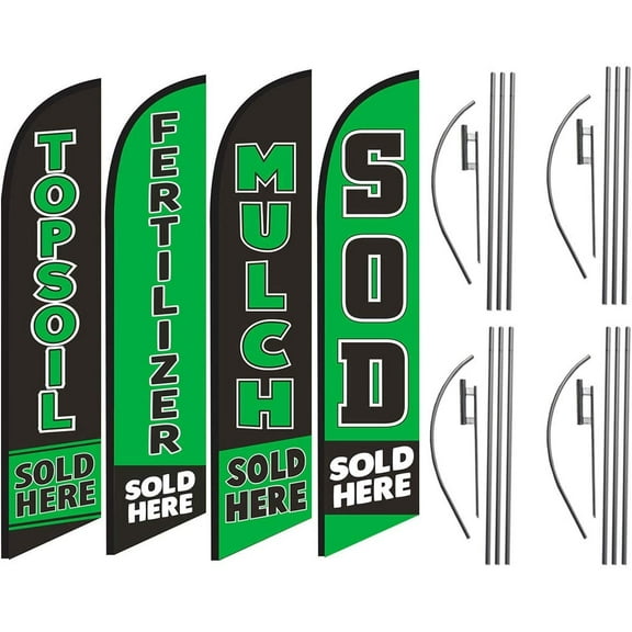 Topsoil, Fertilizer, Mulch, Sod Sold Here Advertising Feather Banner Swooper Flag Sign with Flag Pole Kit and Ground Stake for Businesses