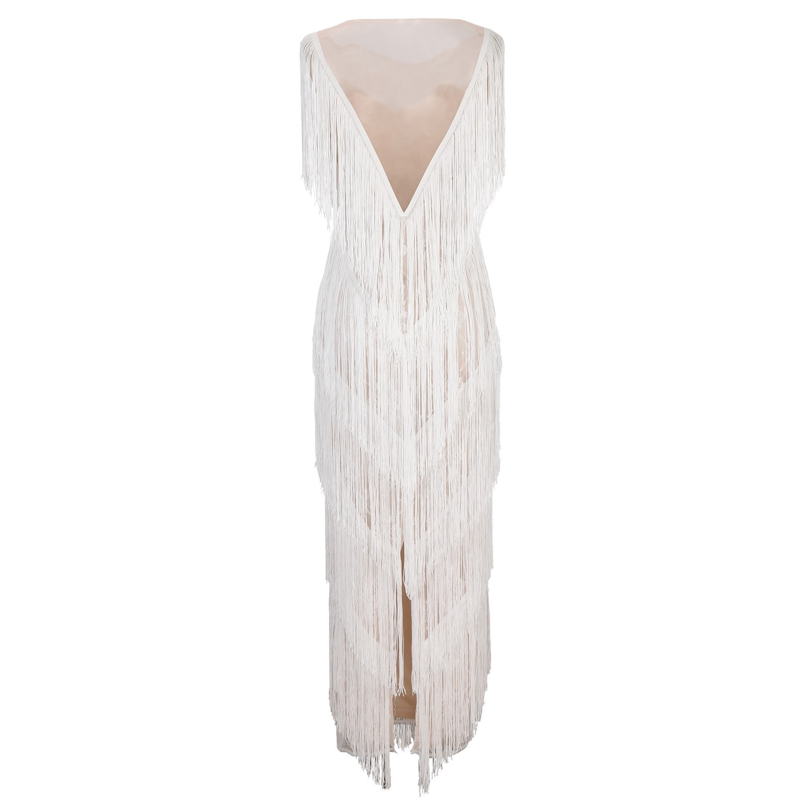 Women's Tassels Maxi Dresses White Sleeveless 1920s Flapper Dress Fringed Long Dress Elegant Party Prom Evening Dress White S