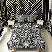 Damask Gothic Bedding Set Adults Antique Victorian Bed in a Bag King Size Comforter Set 7 Pieces,Black White Sugar Skull Sheet Set Vintage Floral Goth Bed Set,Exotic Bone Skeleton Bohemian Decor