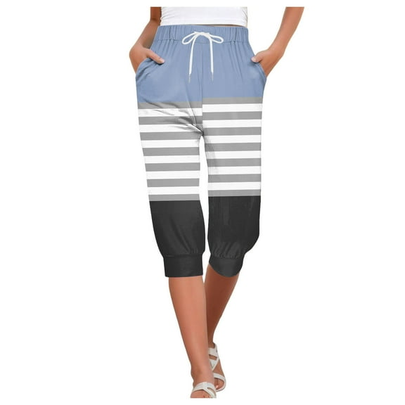 Womens Pants Summer Striped Prints Capris Thin Breathable High Waist Drawstring Joggers Womens Lounge Pants Blue L