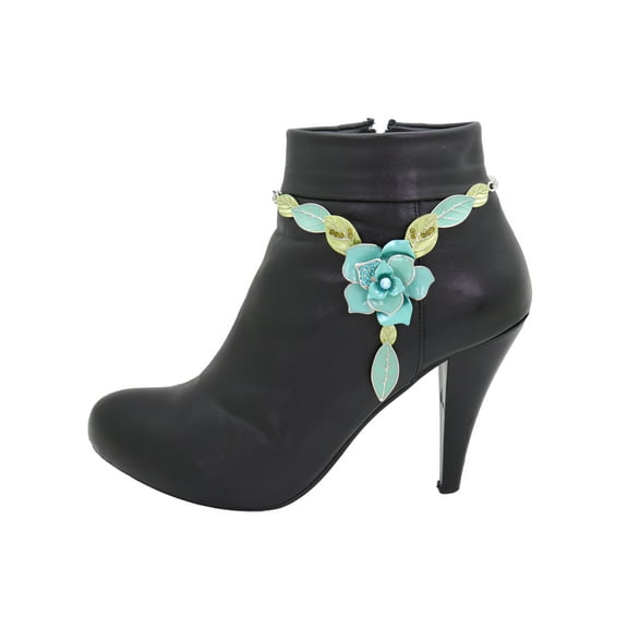 Women Silver Metal Chain Boot Bracelet Shoe Baby Blue Flower Charm