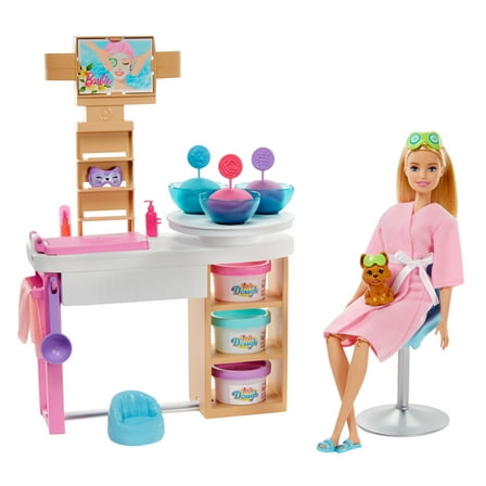 Barbie Face Mask Spa Day Playset, Blonde Doll & 10  Accessories Including Puppy, Mask Mold & Dough