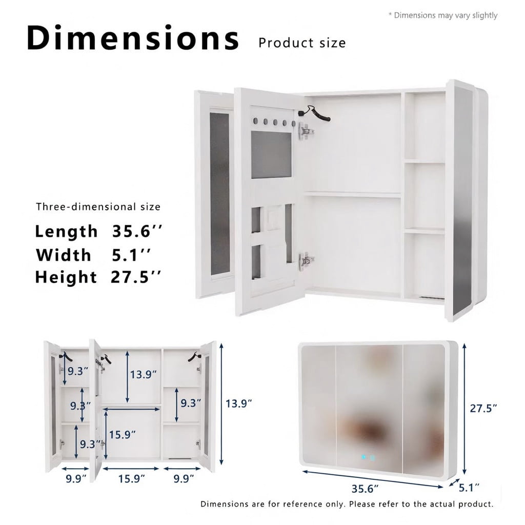 Hommoo Modern 3-Door LED Bathroom Medicine Cabinet with Anti-Fog Mirror, Soft White Lighting & Wall-Mounted Aluminum-Plastic Storage, White