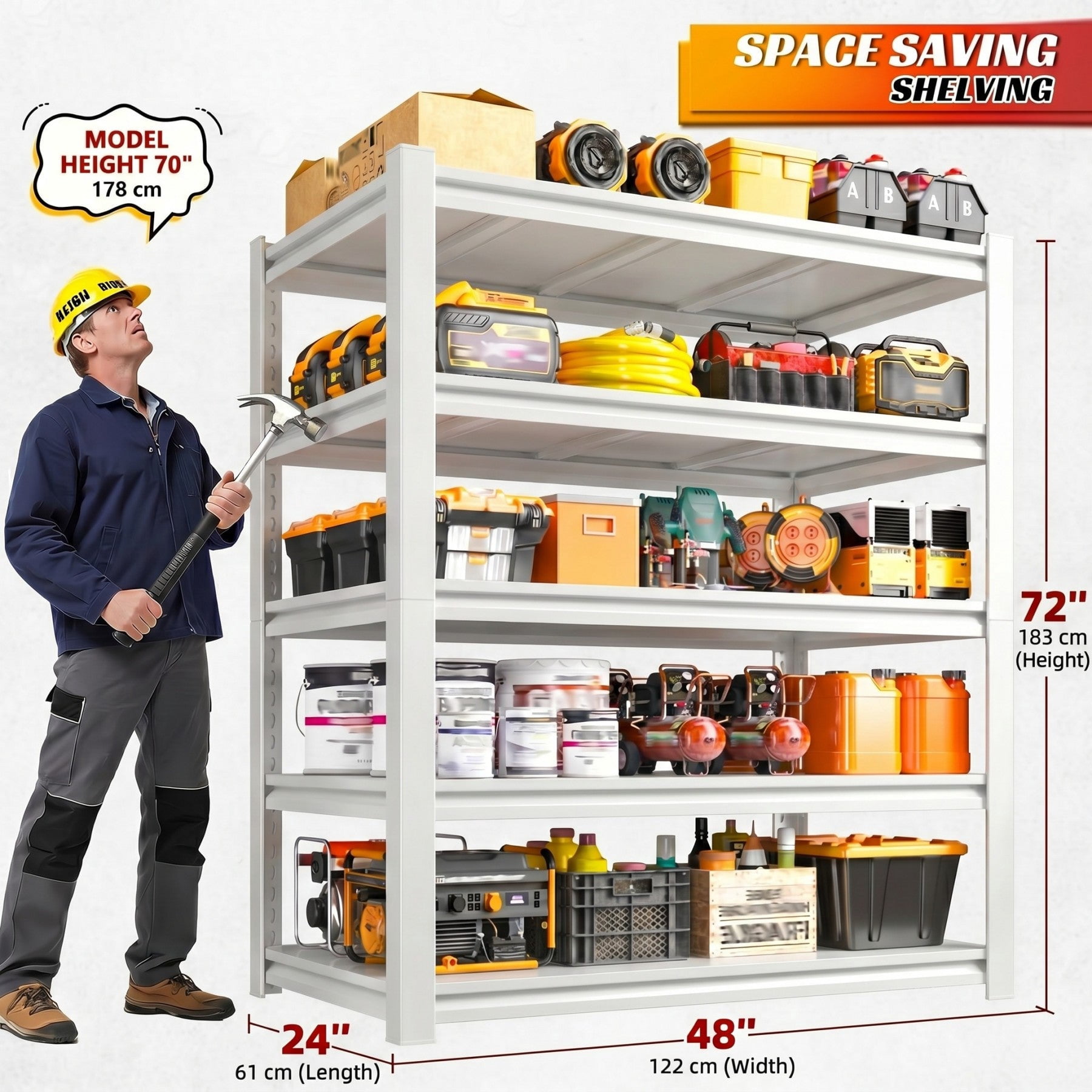 Sailvan 3000LBS Heavy Duty Garage Shelving, 5-Tier Adjustable Metal Storage Shelves, Industrial Steel Utility Rack, 48"W x 24"D x 72"H,White