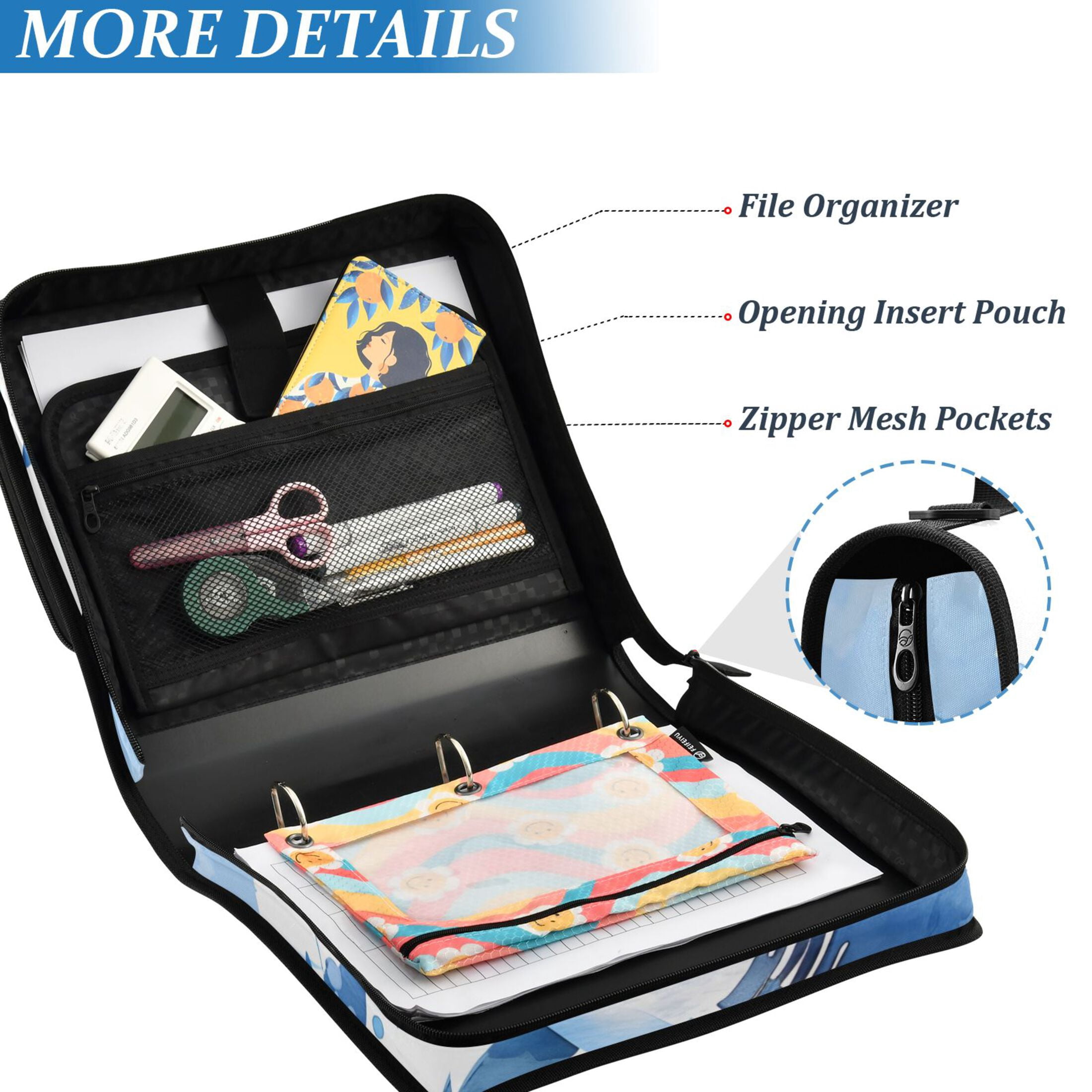 ALAZA Zipper Binder Shark Blue 3 Ring Trapper Keeper File Folder Organizer Bag