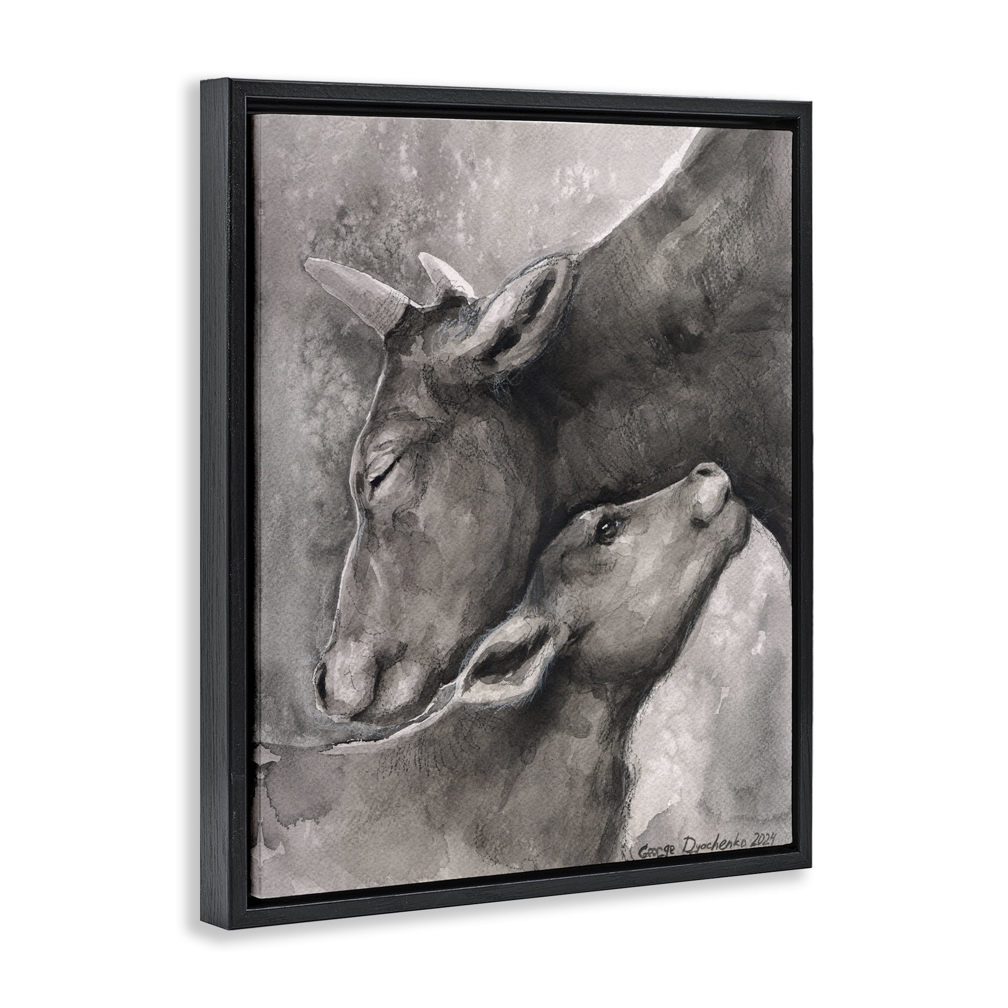 Stupell Industries Mother Cow & Calf Animals Drawing Black Floater Framed Canvas Art Print Wall Art, 25 x 31