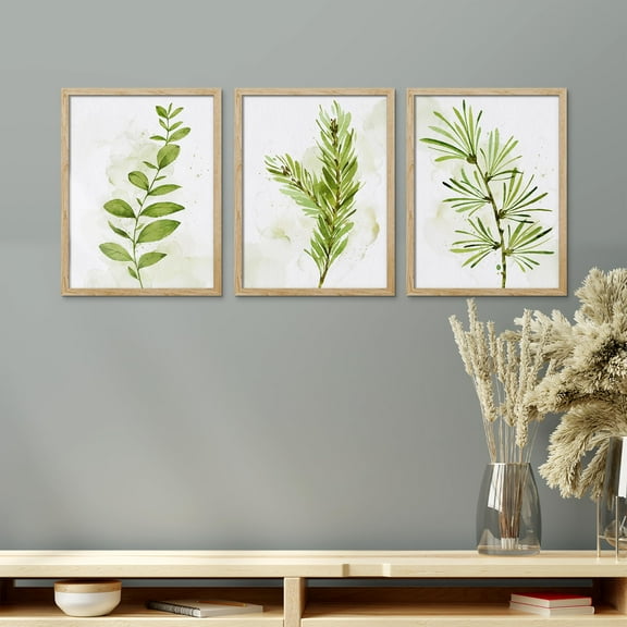 PixonSign Framed Canvas Print Wall Art Set - Green & Yellow Forest Plant Poster Art - Set of 3 Nature Wilderness Boho Botanical Wall Décor for Living Room, Bedroom, Office - 12"x16" Natural