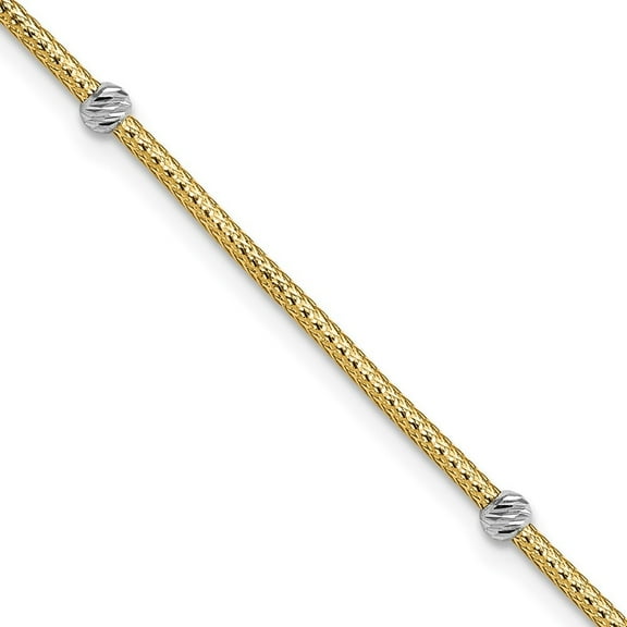 14k Yellow Gold with Rhodium Woven Flexible Diamond-Cut Beads Bracelet for Women 7.25"