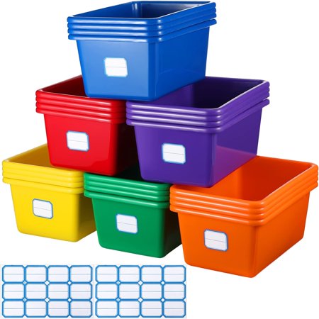 24 Pcs Plastic Cubby Storage Bins Classroom Cubby Organization with Self Adhesive Labels Bin Small Stackable Storage Containers Toy Book Storage Box for School(Colorful, 11.5 x 7.5 x 5 Inch)
