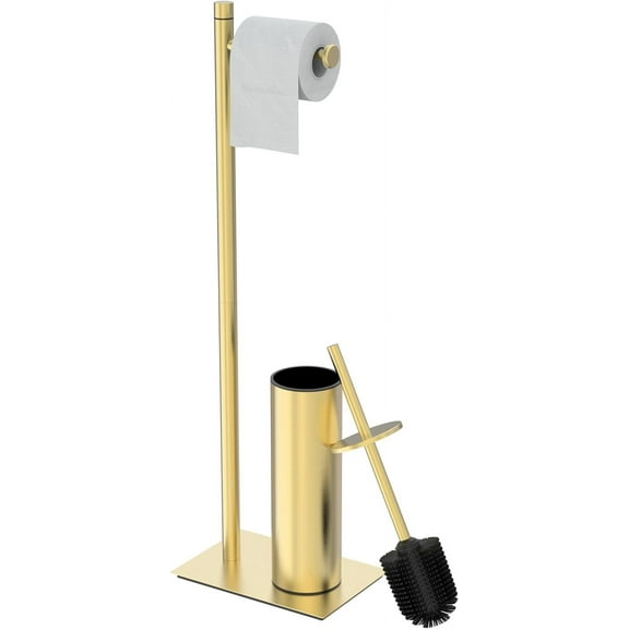 Toilet Paper Holder Stand with Toilet Brush and Holder Set, 304 Stainless Steel Bathroom Toilet Tissue Paper Roll Holder Free Standing, Weighted Base, Heavy Duty (Brushed Gold)