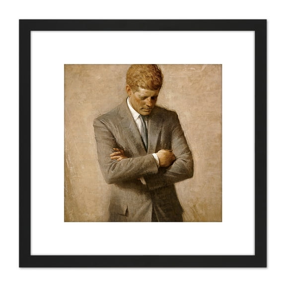 Shikler Portrait US President John Kennedy JFK 8X8 Inch Square Wooden Framed Wall Art Print Picture with Mount