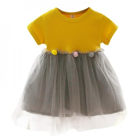 

Clearance!Children Summer Girls Cotton Cute Mesh Tulle Puff Tutu Skirt Stitching Bottoming Short Sleeve Sweet Princess Dress