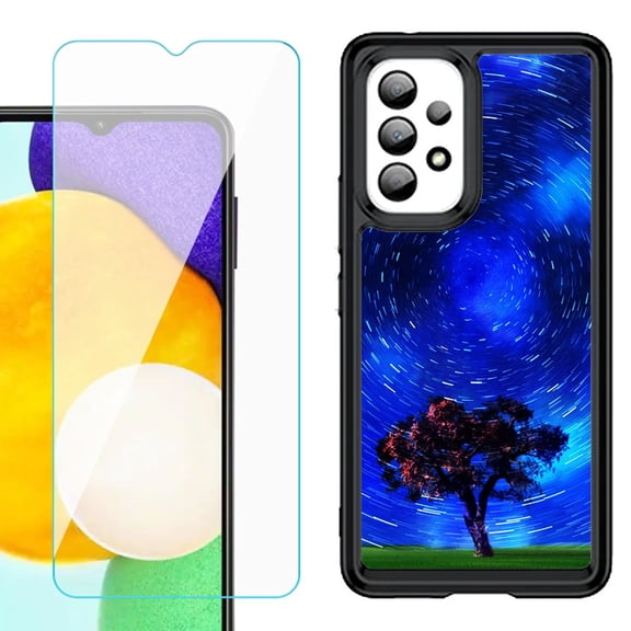 Shockproof Bumper (Black Frame) phone Case for Samsung Galaxy A23 5G, with Tempered Glass Screen Protector, by OneToughShield ® - Star Trails Tree