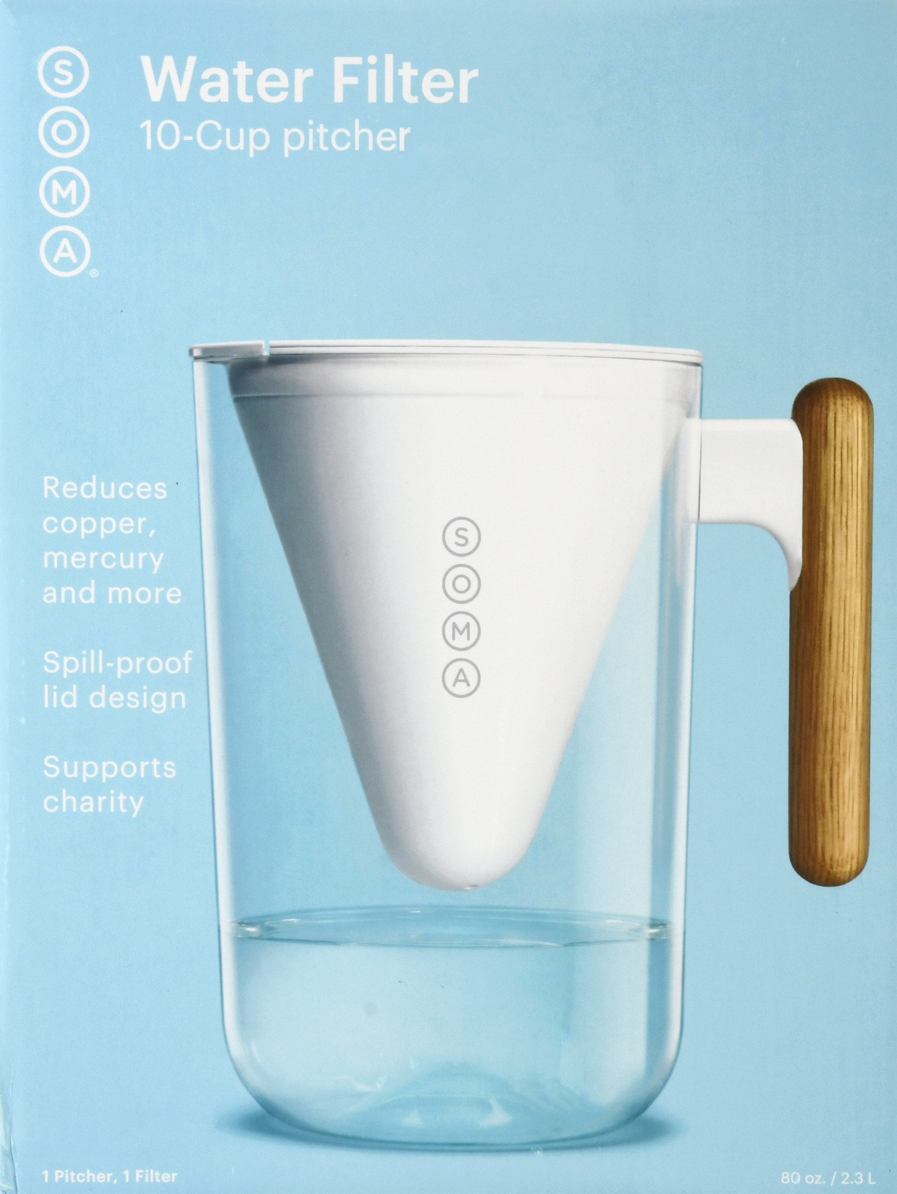 Soma 10 Cup 80oz Filtered Water Pitcher - White with Bamboo Handle