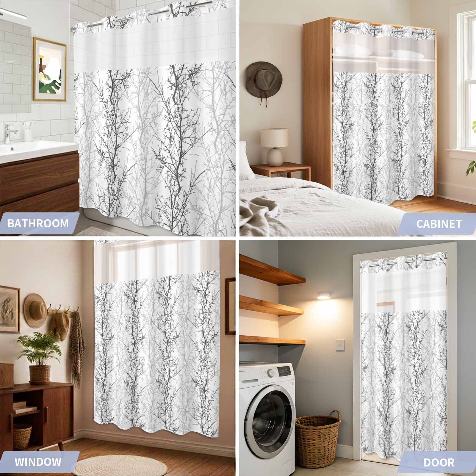 No Hook Shower Curtain, Black Gray Waterproof Fabric Shower Curtains for Bathroom, Pastoral Botanical Branch Aesthetics Standard Bathroom Curtain with Mesh Top Window for Home Hotel Bathtub 72"x72"