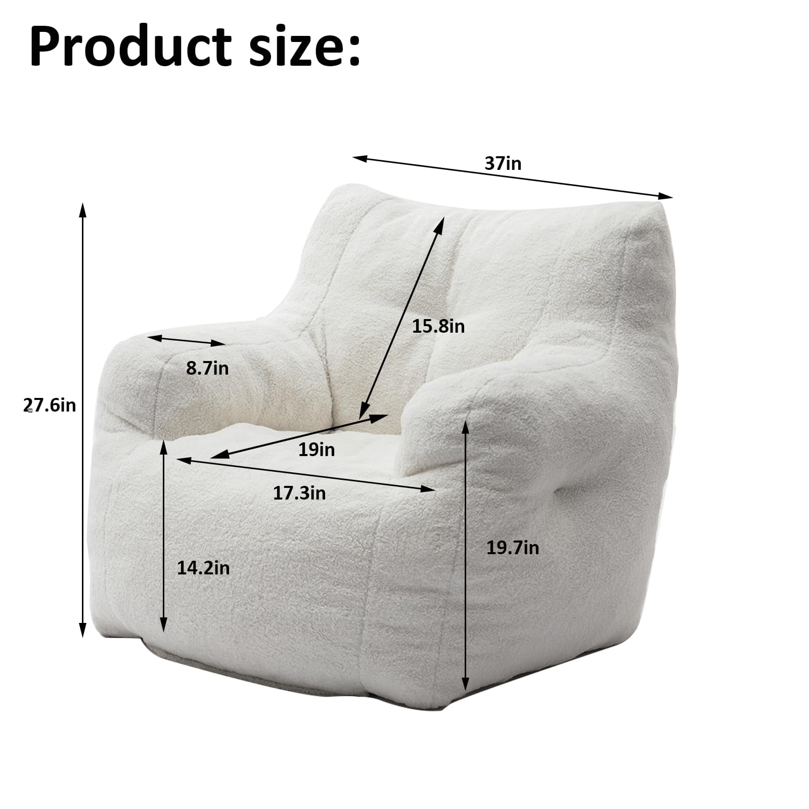Lecut Bean Bag Chair Large Bean Bag Chair for Adults with Armrest Comfy Bean Bag Sofa with Foam Filling Fluffy Lazy Chair Soft Teddy Fabric Tufted Bean Bag for Dorm Bedroom Gaming White